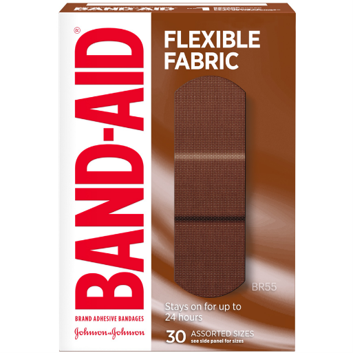 Band-Aid Flexible Fabric Adhesive Bandages, Flexible Protection Care of Minor Cuts Scrapes, Quilt-Aid Pad for Painful Wounds, Medium Brown Skin Tone BR55, Assorted Sizes 30 ea