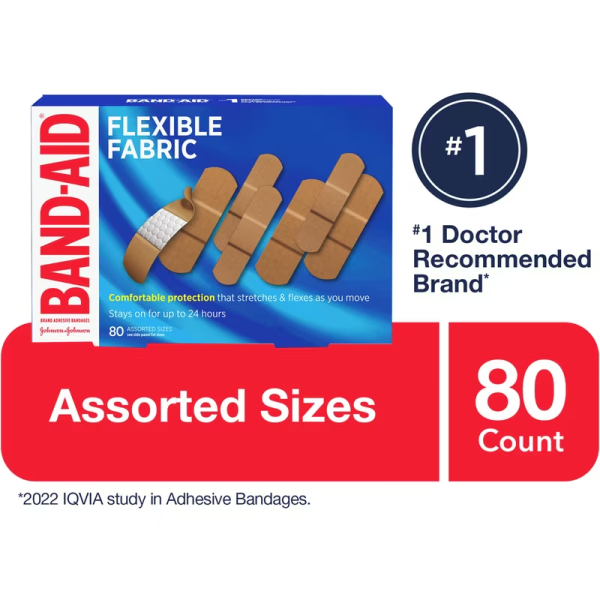 Band-Aid Flexible Fabric Bandages, Assorted Sizes 80 ea