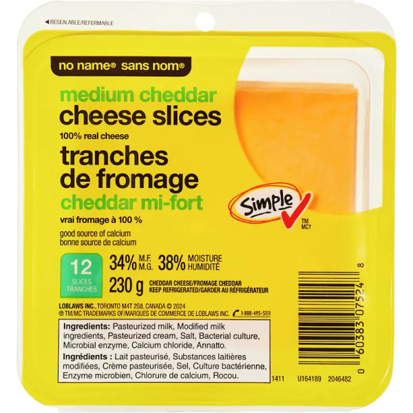 No Name Medium Cheddar Cheese Slices