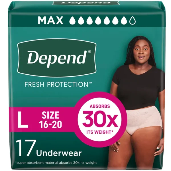 Depends Fresh Protection Adult Incontinence Underwear for Women (Formerly Fit-Flex), Disposable, Maximum, Large, Blush, 17 Count
