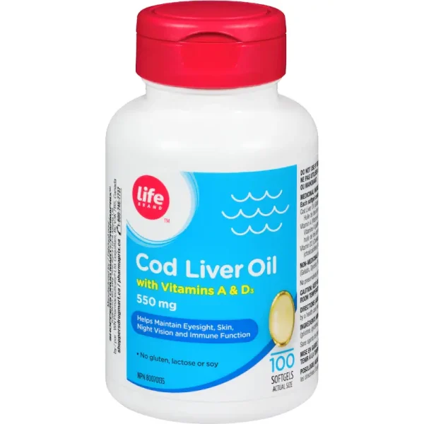 Life Brand Cod Liver Oil With Vitamin A & D3, 550Mg, 100 Softgels
